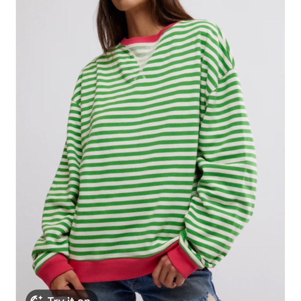 We The Free Sweatshirt Small Green White Pink Striped Oversized Crewneck - Picture 12 of 12
